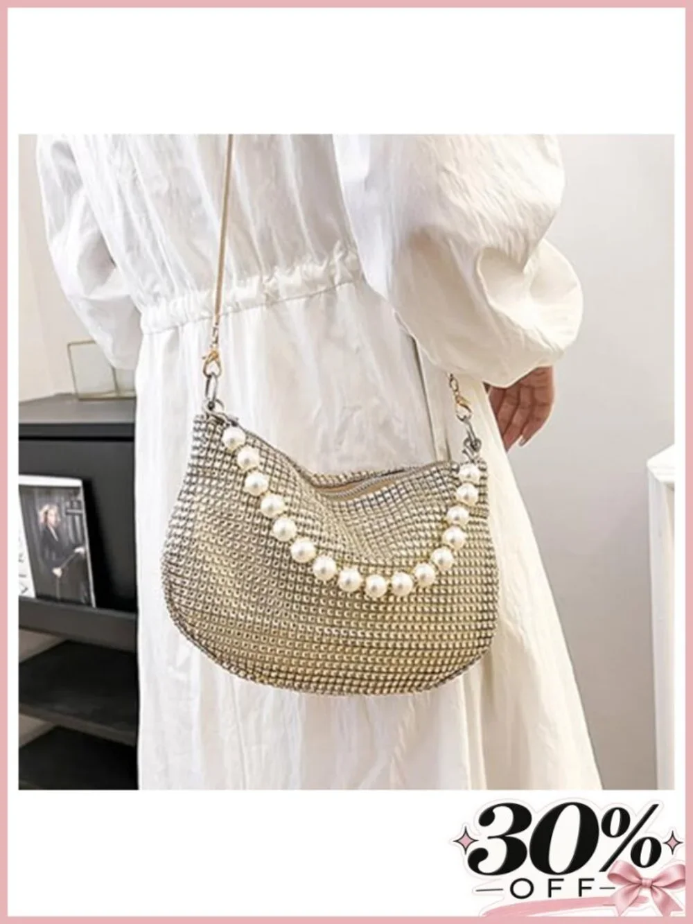 Rhinestone Pearl Evening Bucket Bag Crossbody Shoulder Purse